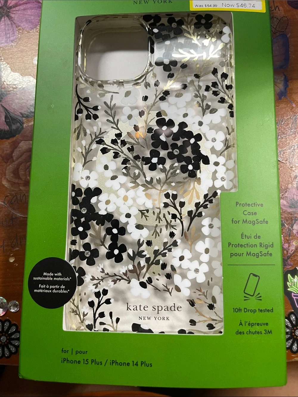 kate spade Clear Floral iPhone 15 plus/14 plusCase — Black, White & Gold Accents